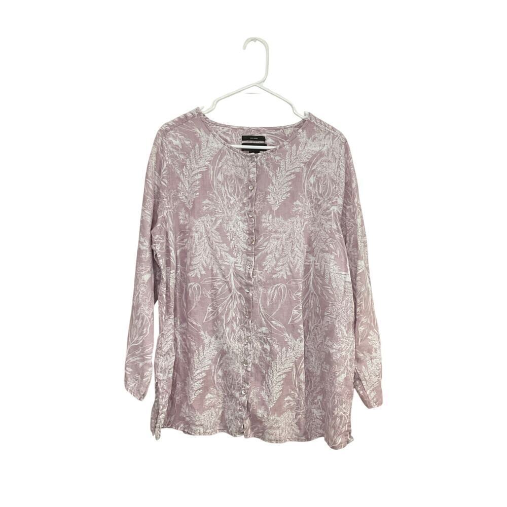 Tahari 100% Linen Botanical Leaf Print Button Down Roll Sleeve Lavender Shirt 1X